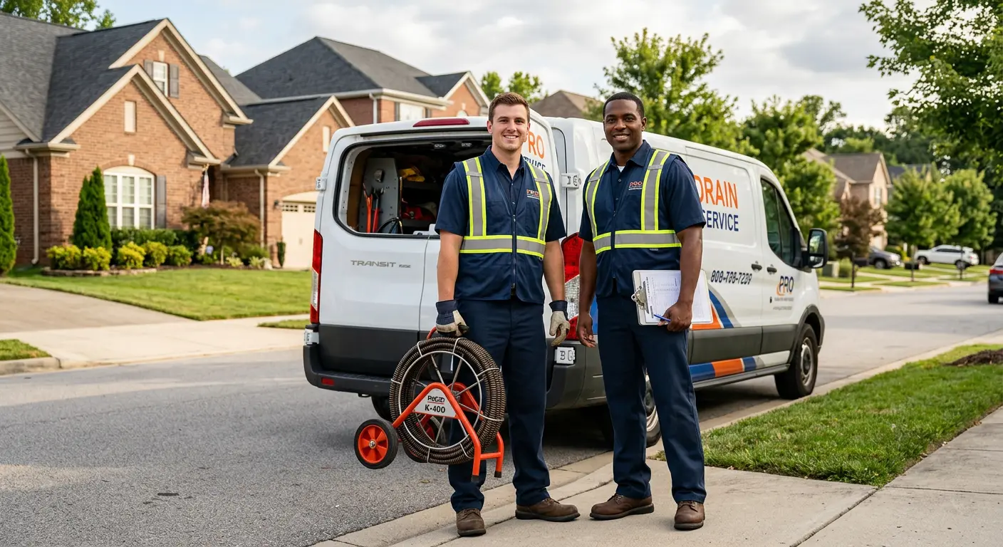 Sewer and drain service team with equipment ready for work in Lake Forest
