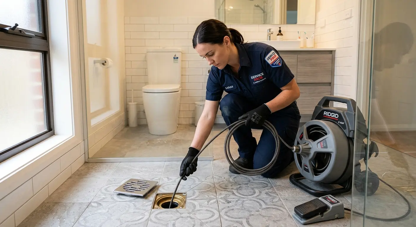 Technician clearing a bathroom floor drain for Sewer Line Installation in Lake Forest